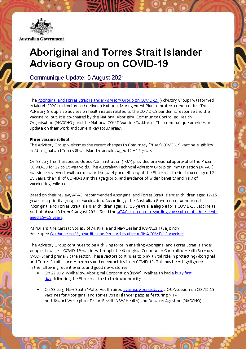 Aboriginal and Torres Strait Islander Advisory Group on COVID-19 communique – 5 August 2021