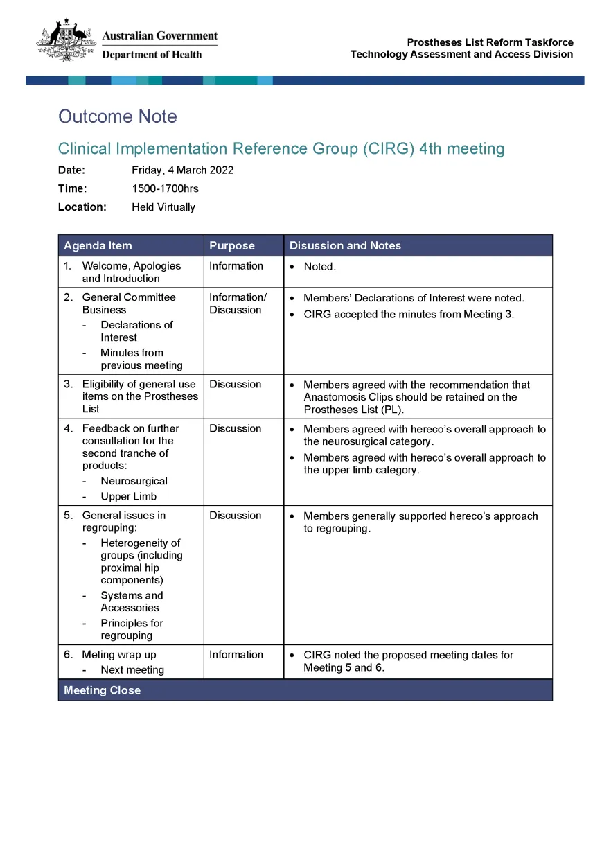 Outcome note – Clinical Implementation Reference Group (CIRG) meeting – 4 March 2022
