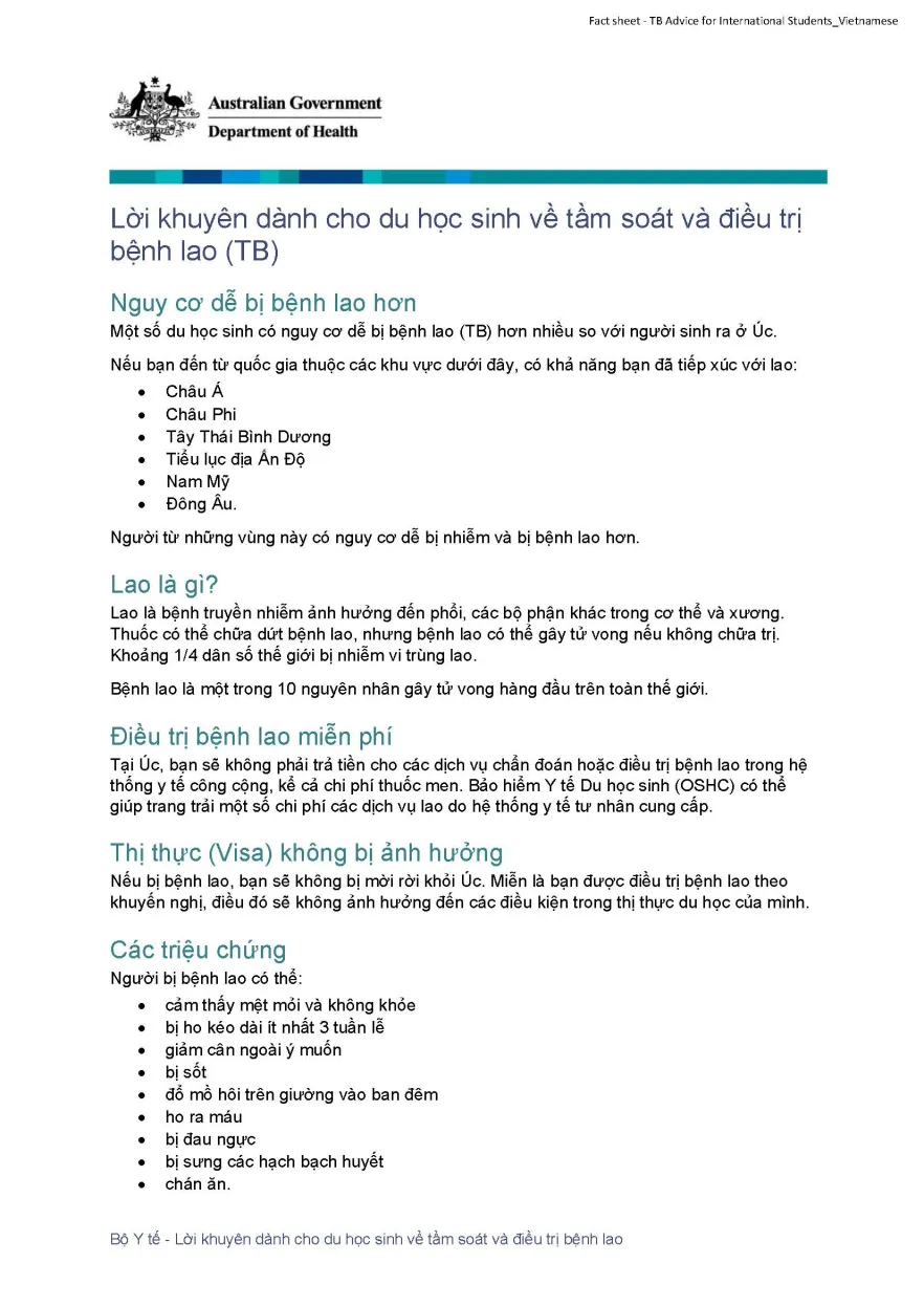 Lời khuyên dành cho du học sinh về tầm soát và điều trị bệnh lao (TB)