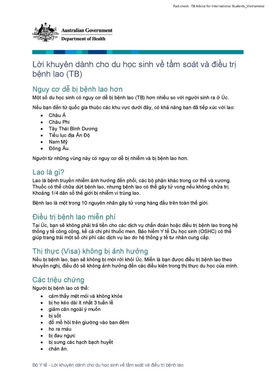 Lời khuyên dành cho du học sinh về tầm soát và điều trị bệnh lao (TB)