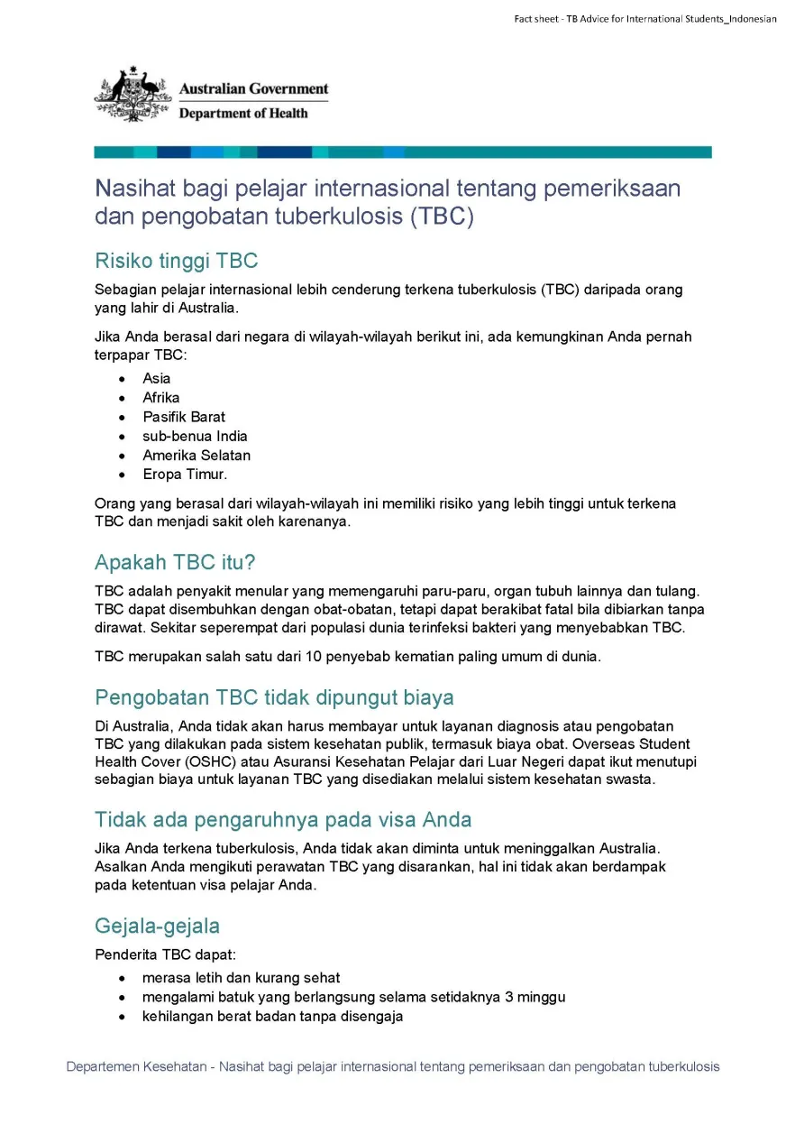 Nasihat bagi pelajar internasional tentang pemeriksaan dan pengobatan tuberkulosis (TBC)