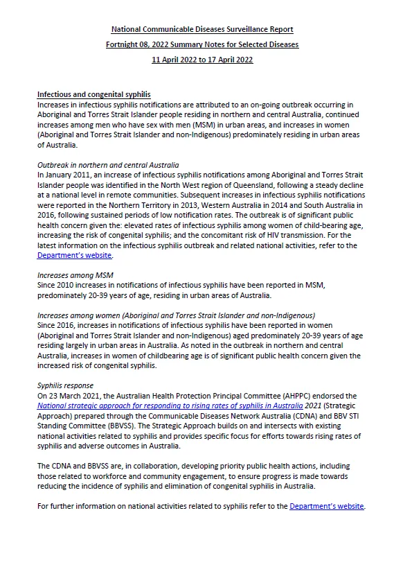 Cover image for National Notifiable Diseases Surveillance System (NNDSS) fortnightly reports – 11 to 17 April 2022