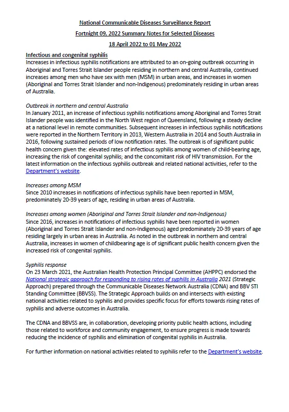 Cover image for National Notifiable Diseases Surveillance System (NNDSS) fortnightly reports – 18 April to 1 May 2022