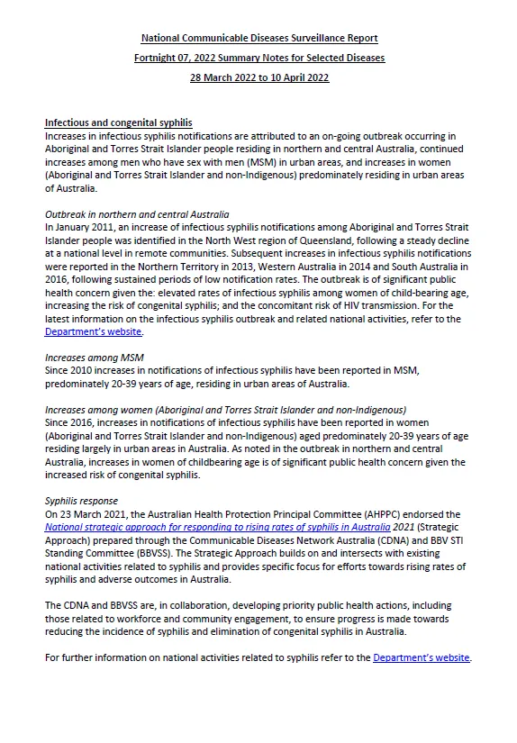 Cover image for National Notifiable Diseases Surveillance System (NNDSS) fortnightly reports – 28 March to 10 April 2022