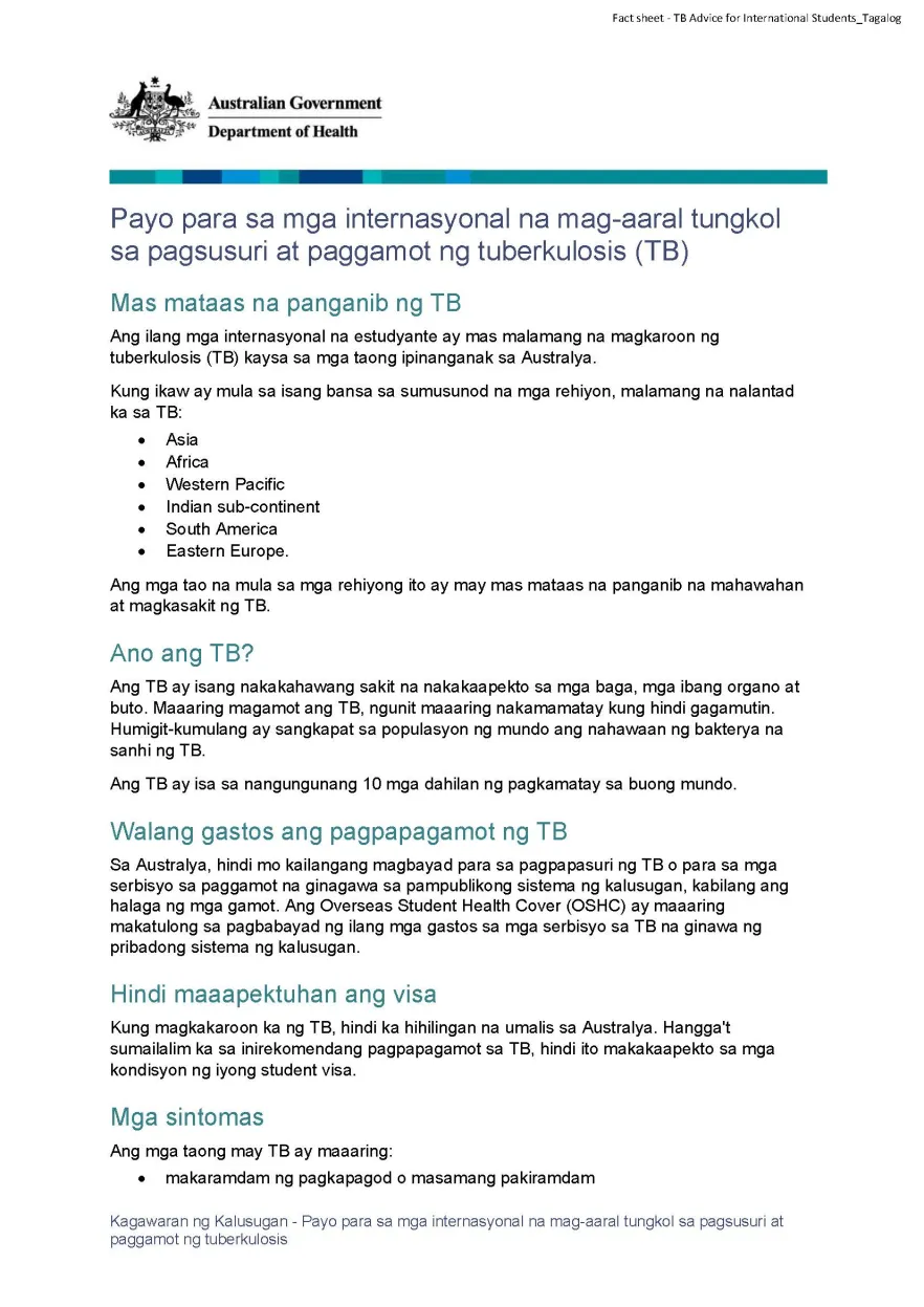 Payo para sa mga internasyonal na mag-aaral tungkol sa pagsusuri at paggamot ng tuberkulosis (TB)