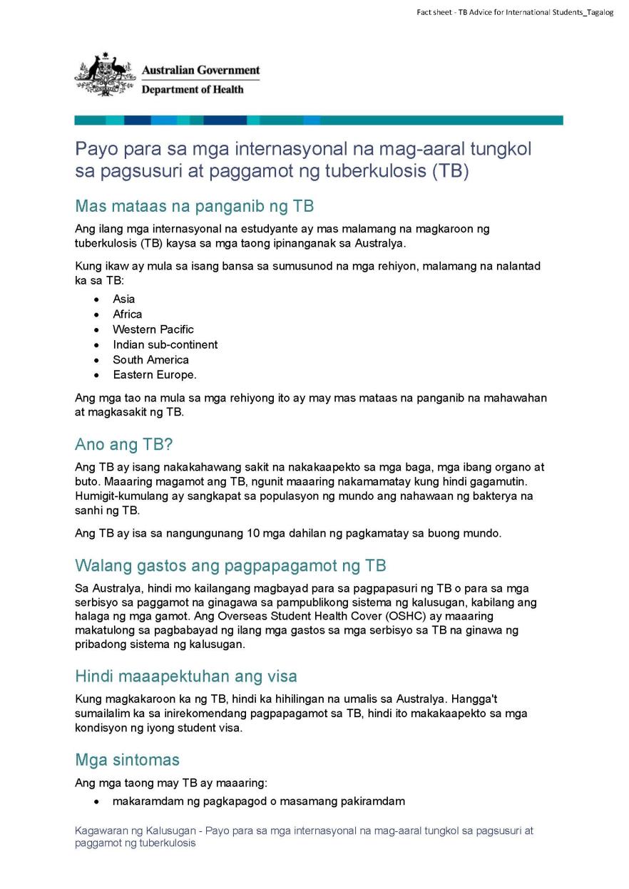 Payo para sa mga internasyonal na mag-aaral tungkol sa pagsusuri at paggamot ng tuberkulosis (TB)