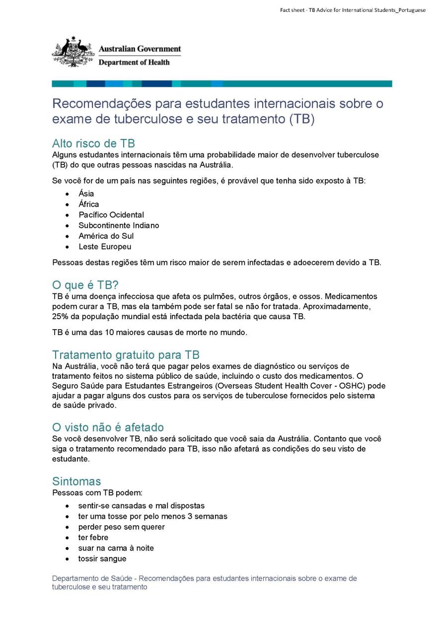 Recomendações para estudantes internacionais sobre o exame de tuberculose e seu tratamento (TB)