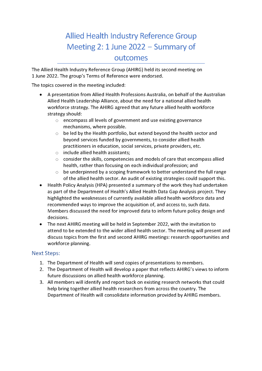 Allied Health Industry Reference Group Communique