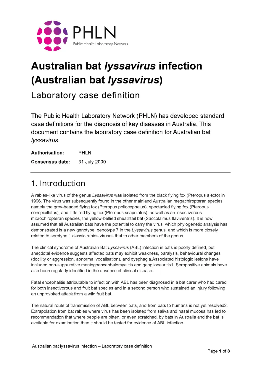 Australian bat lyssavirus infection – Laboratory case definition