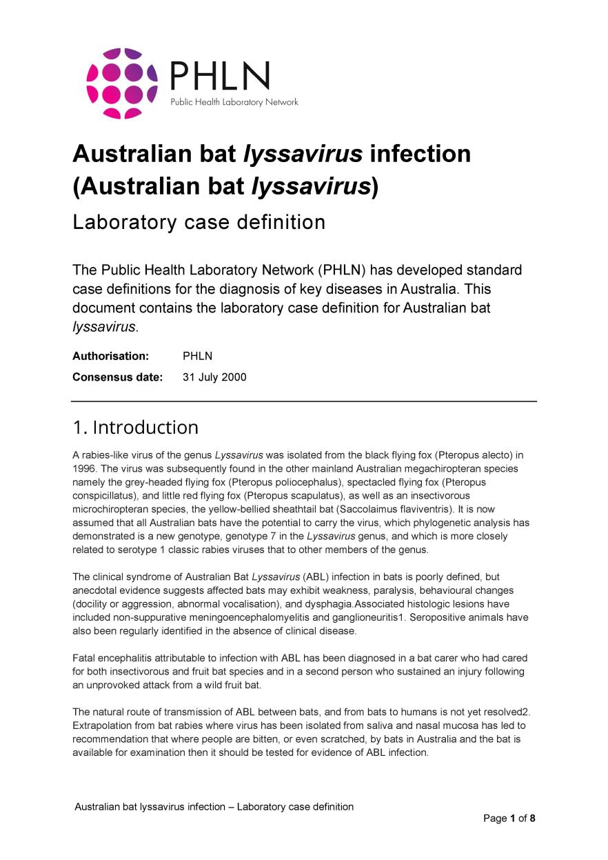 Australian bat lyssavirus infection – Laboratory case definition