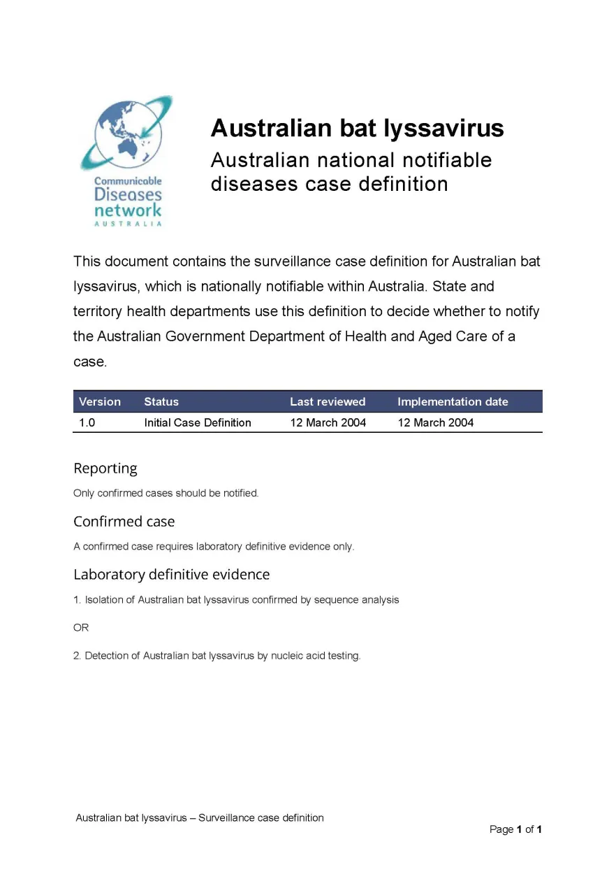 Australian bat lyssavirus infection – Surveillance case definition