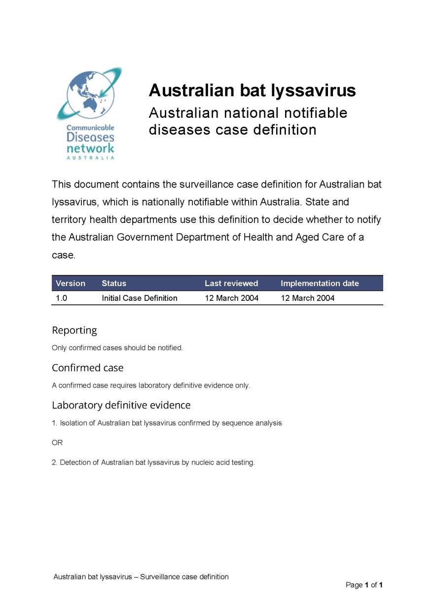 Australian bat lyssavirus infection – Surveillance case definition
