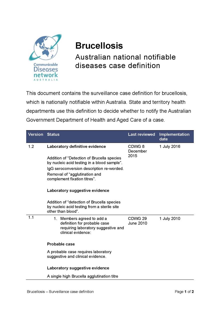 Brucellosis – Surveillance case definition