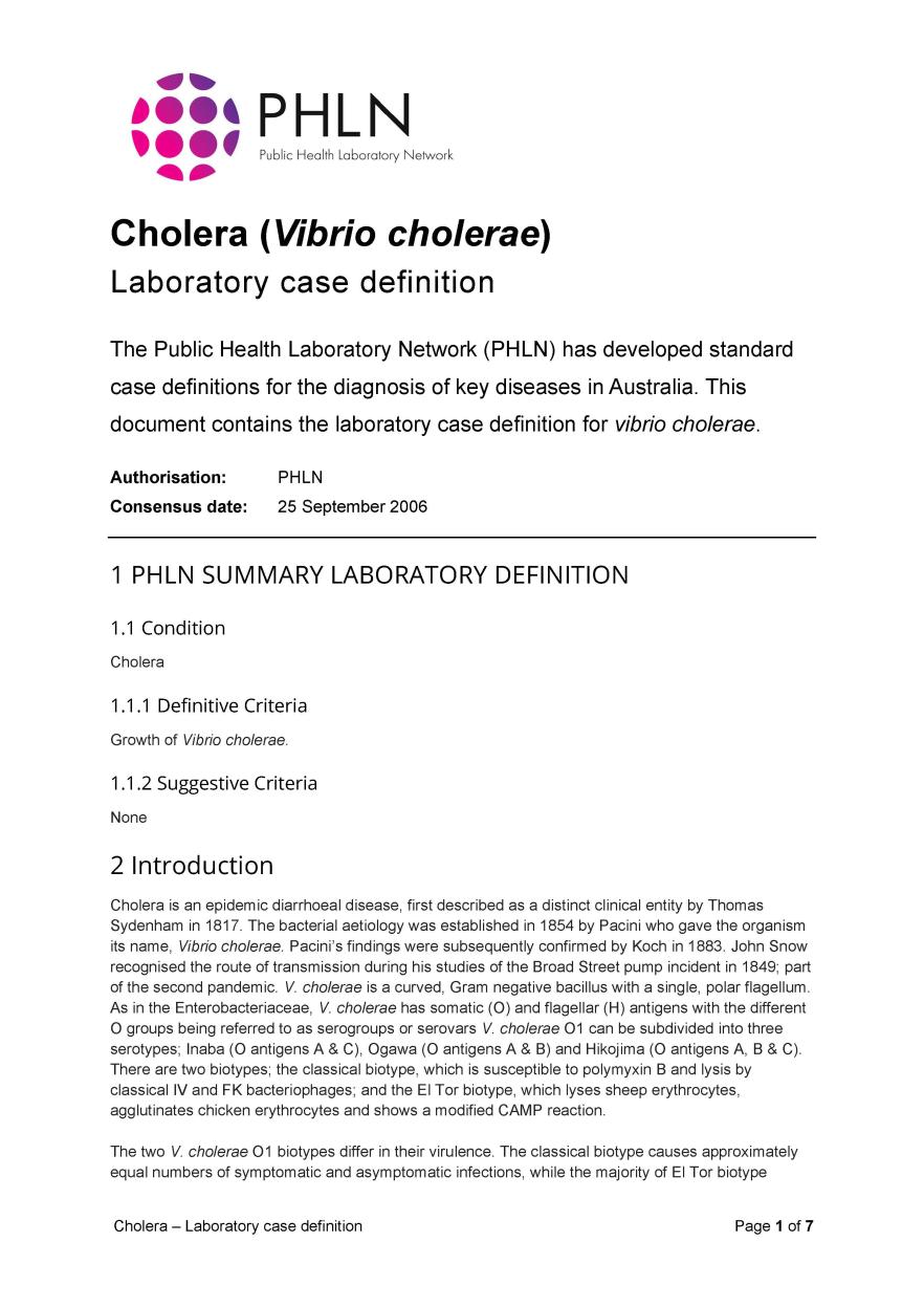 Cholera – Laboratory case definition