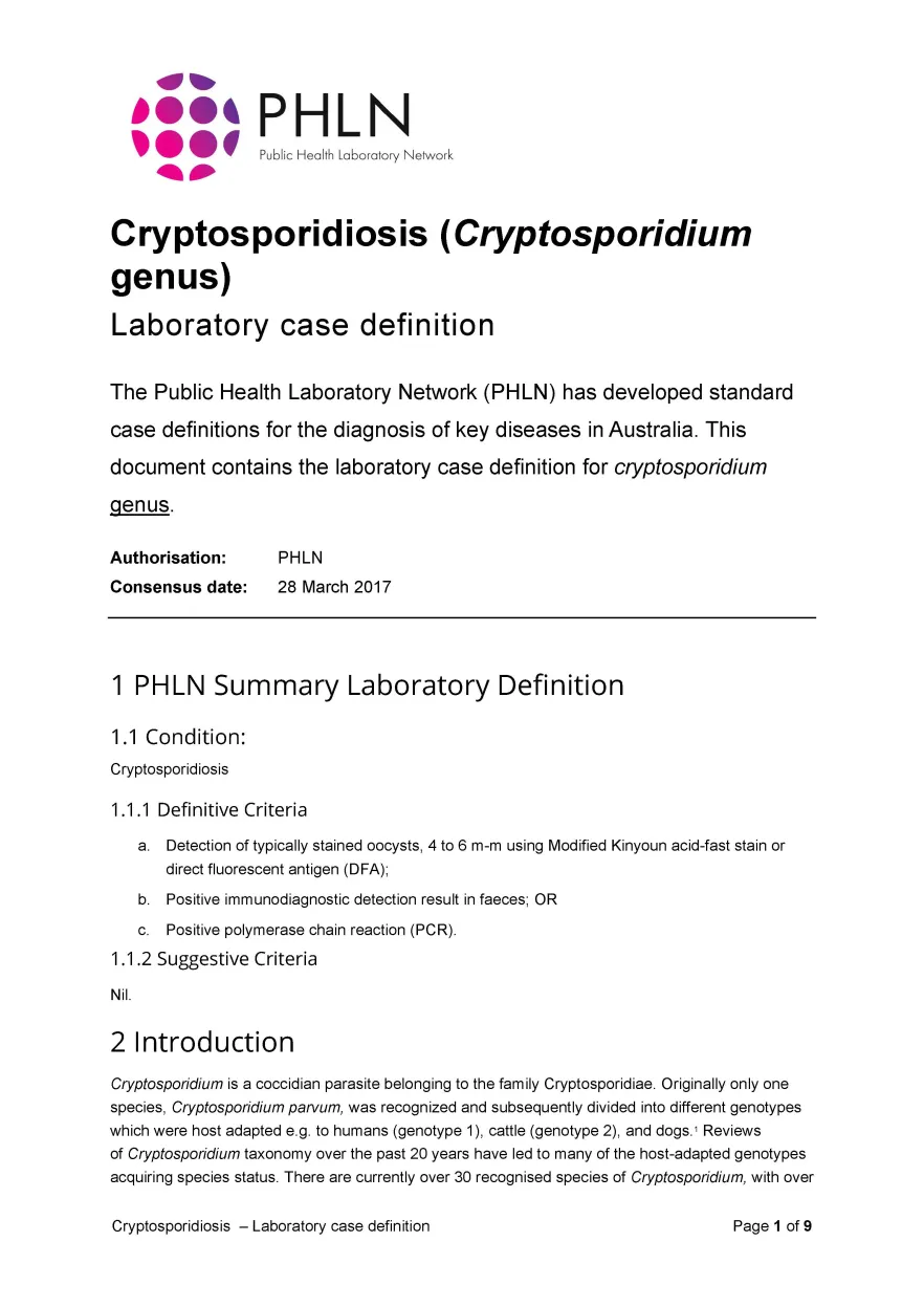 Cryptosporidiosis – Laboratory case definition