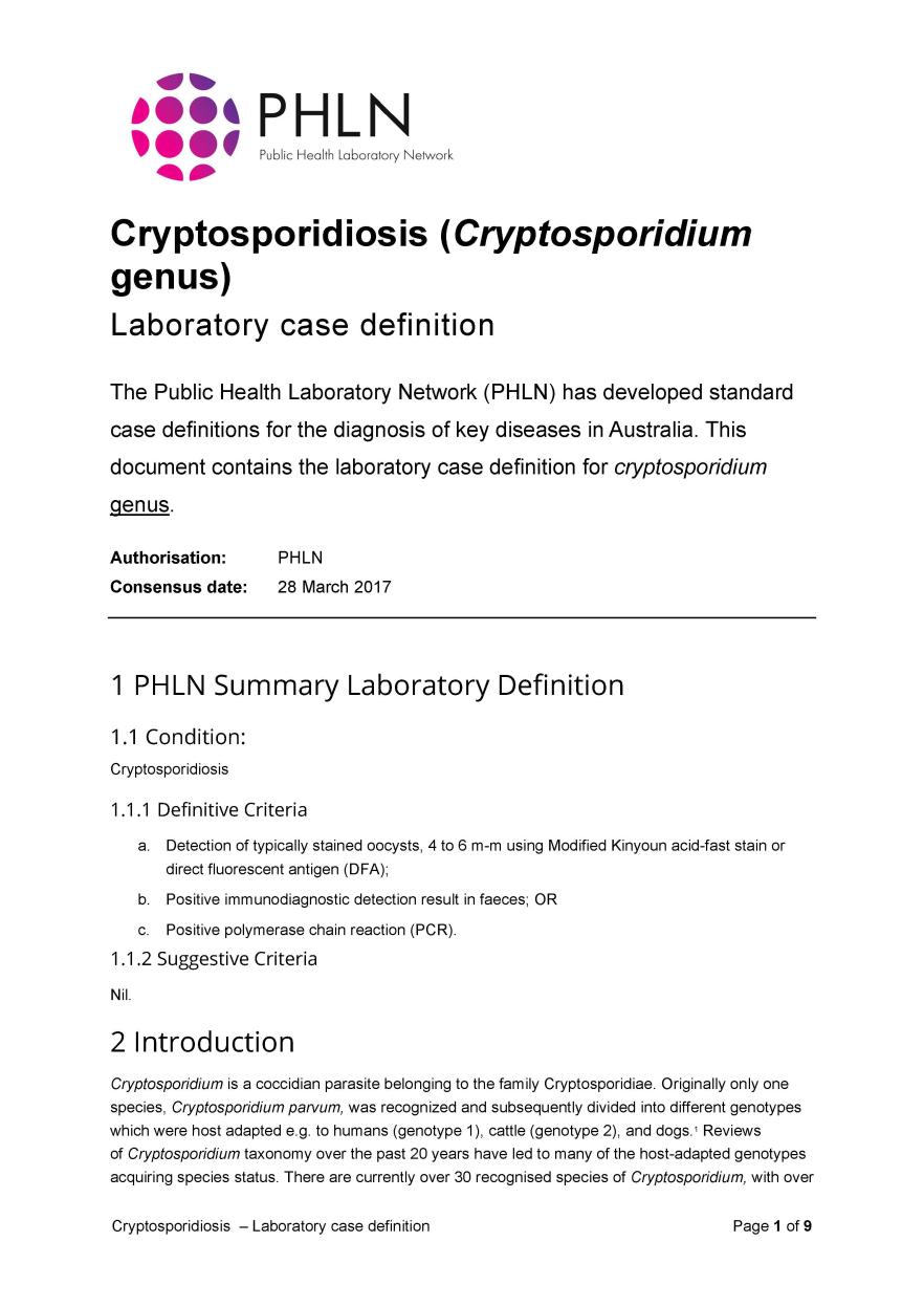 Cryptosporidiosis – Laboratory case definition