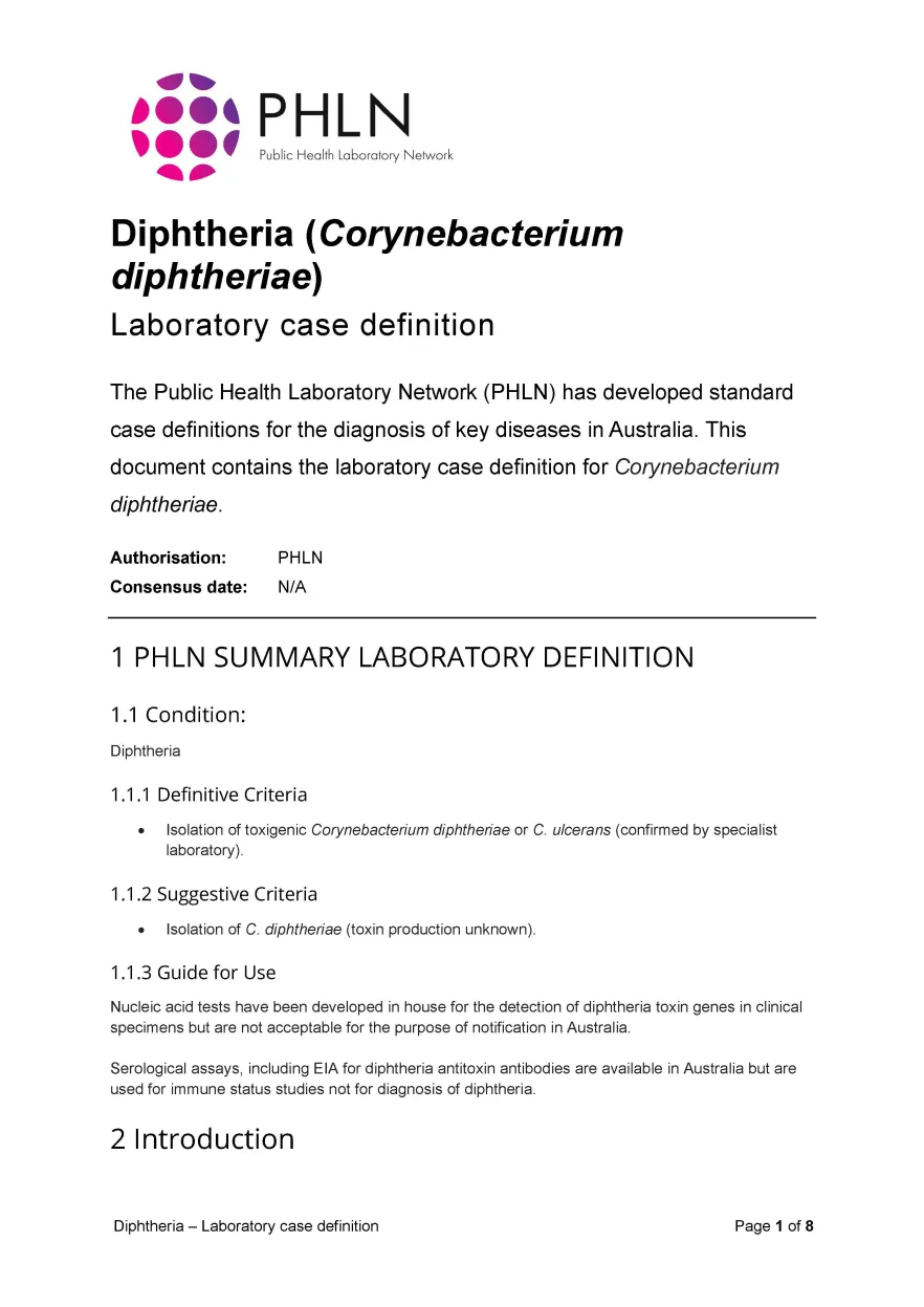 Diphtheria – Laboratory case definition