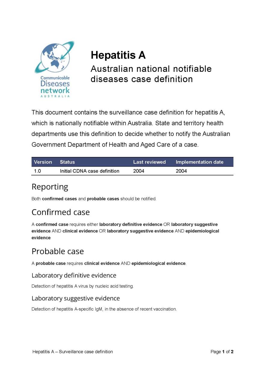 Hepatitis A – Surveillance case definition