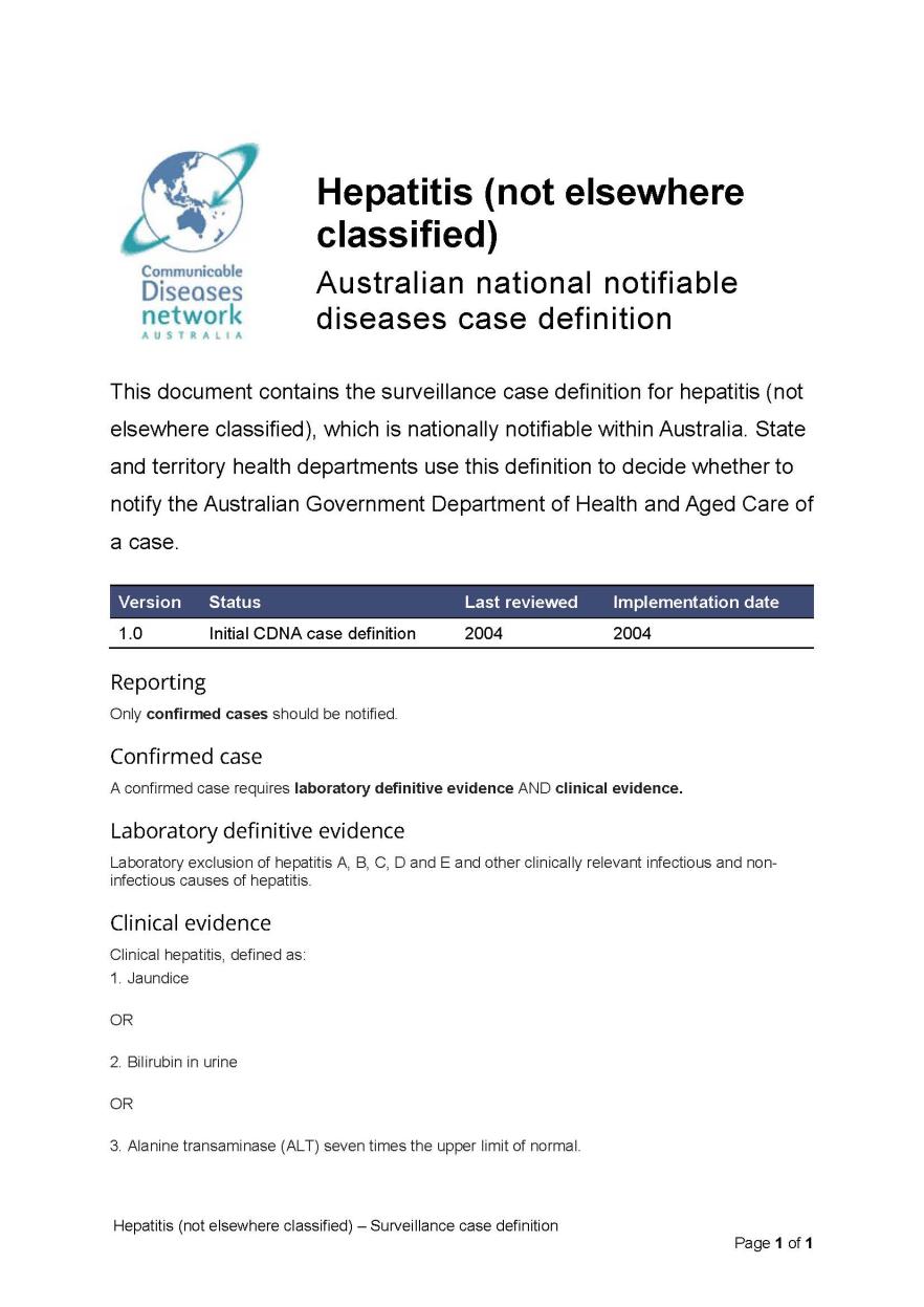 Hepatitis (not elsewhere classified) – Surveillance case definition