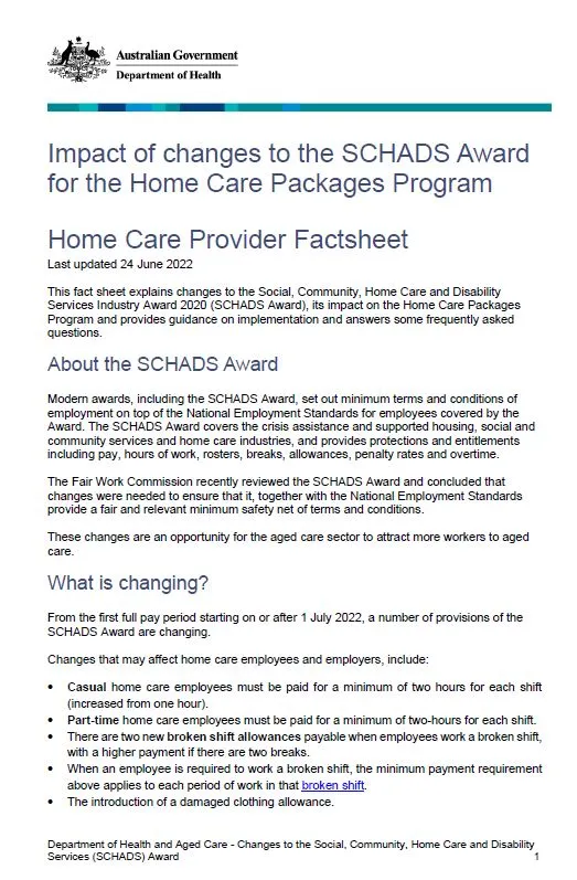 Impact of changes to the SCHADS Award for the Home Care Packages Program 
