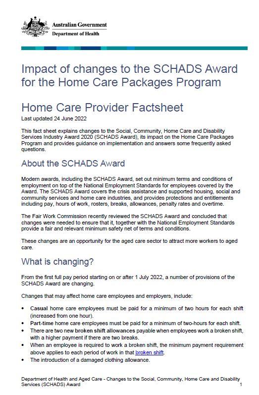Impact of changes to the SCHADS Award for the Home Care Packages Program 