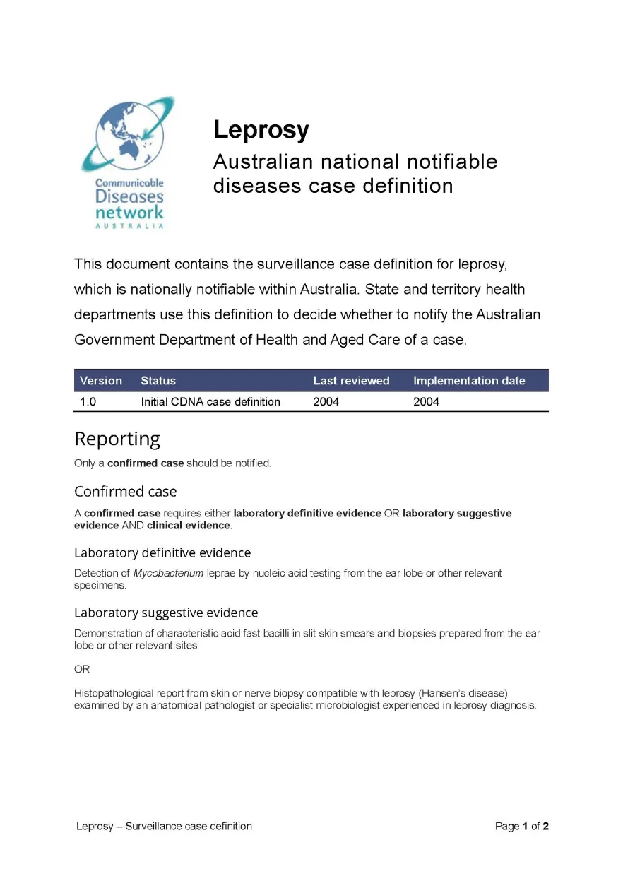 Leprosy – Surveillance case definition