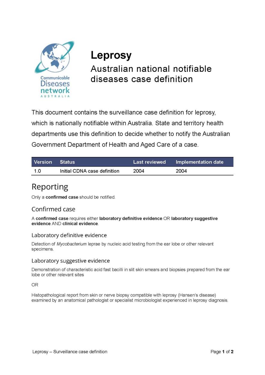Leprosy – Surveillance case definition