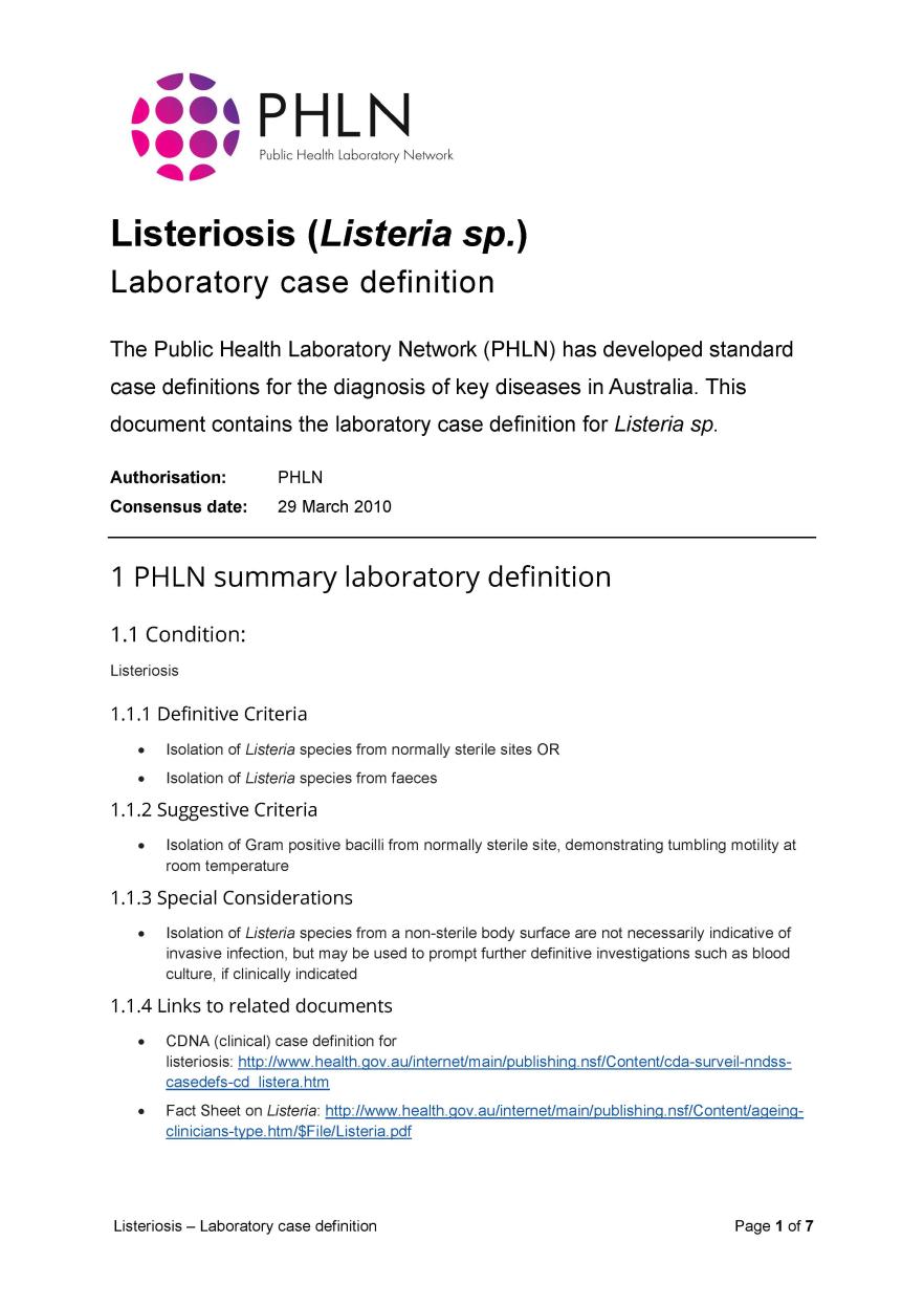 Listeriosis – Laboratory case definition