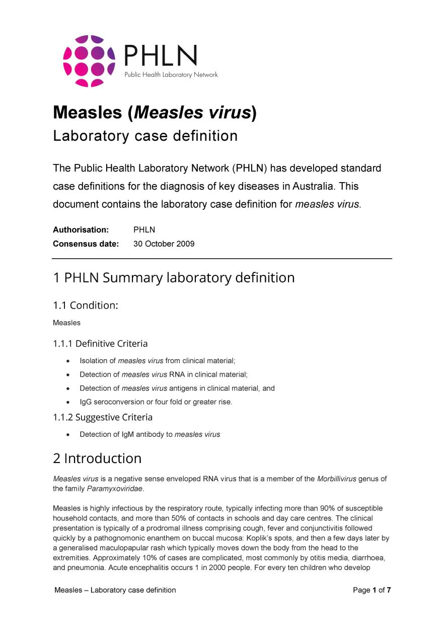 Measles – Laboratory case definition