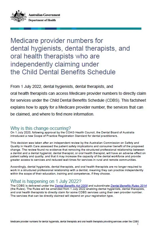 Medicare provider numbers for dental hygienists, dental therapists, and oral health therapists