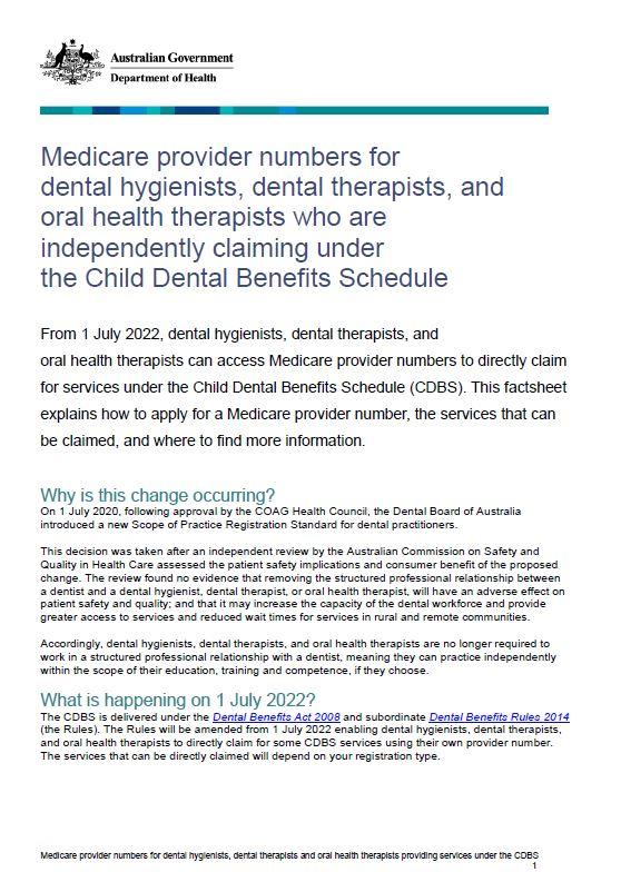 Medicare provider numbers for dental hygienists, dental therapists, and oral health therapists