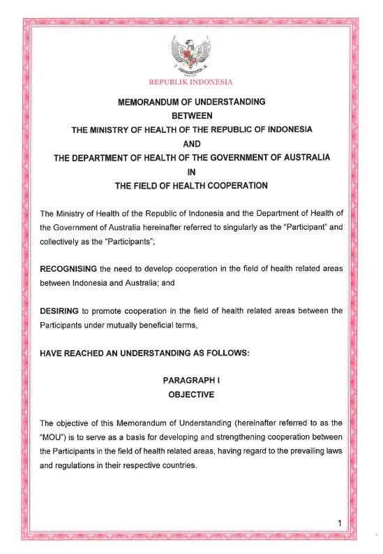 Memorandum of understanding between the Ministry of Health of the Republic of Indonesia and the Department of Health of the Government of Australia in the field of health cooperation