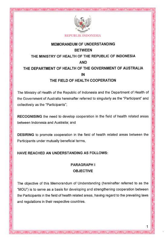 Memorandum of understanding between the Ministry of Health of the Republic of Indonesia and the Department of Health of the Government of Australia in the field of health cooperation