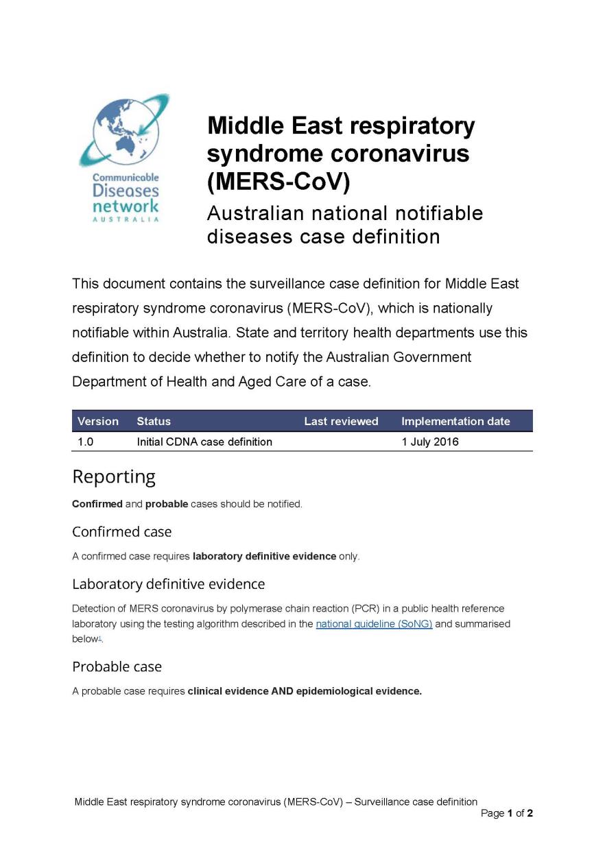 Middle East respiratory syndrome coronavirus (MERS) – Surveillance case definition