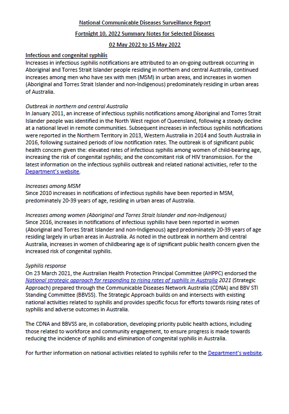 Cover image for National Notifiable Diseases Surveillance System (NNDSS) fortnightly reports – 2 to 15 May 2022