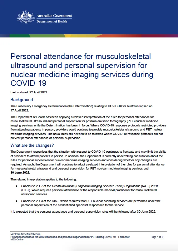 Personal attendance for musculoskeletal ultrasound and personal supervision for nuclear medicine imaging services during COVID-19 cover image
