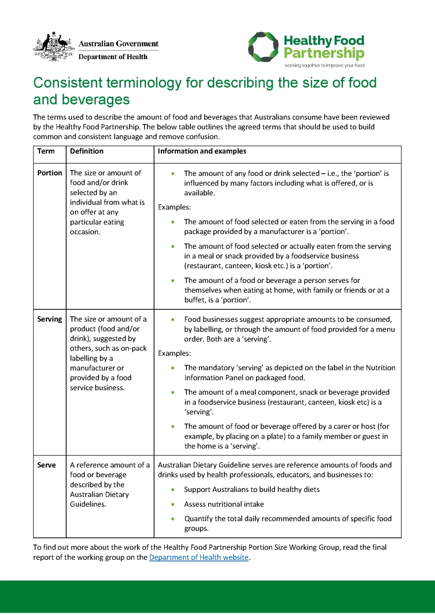 Consistent terminology for describing the size of food and beverages fact sheet