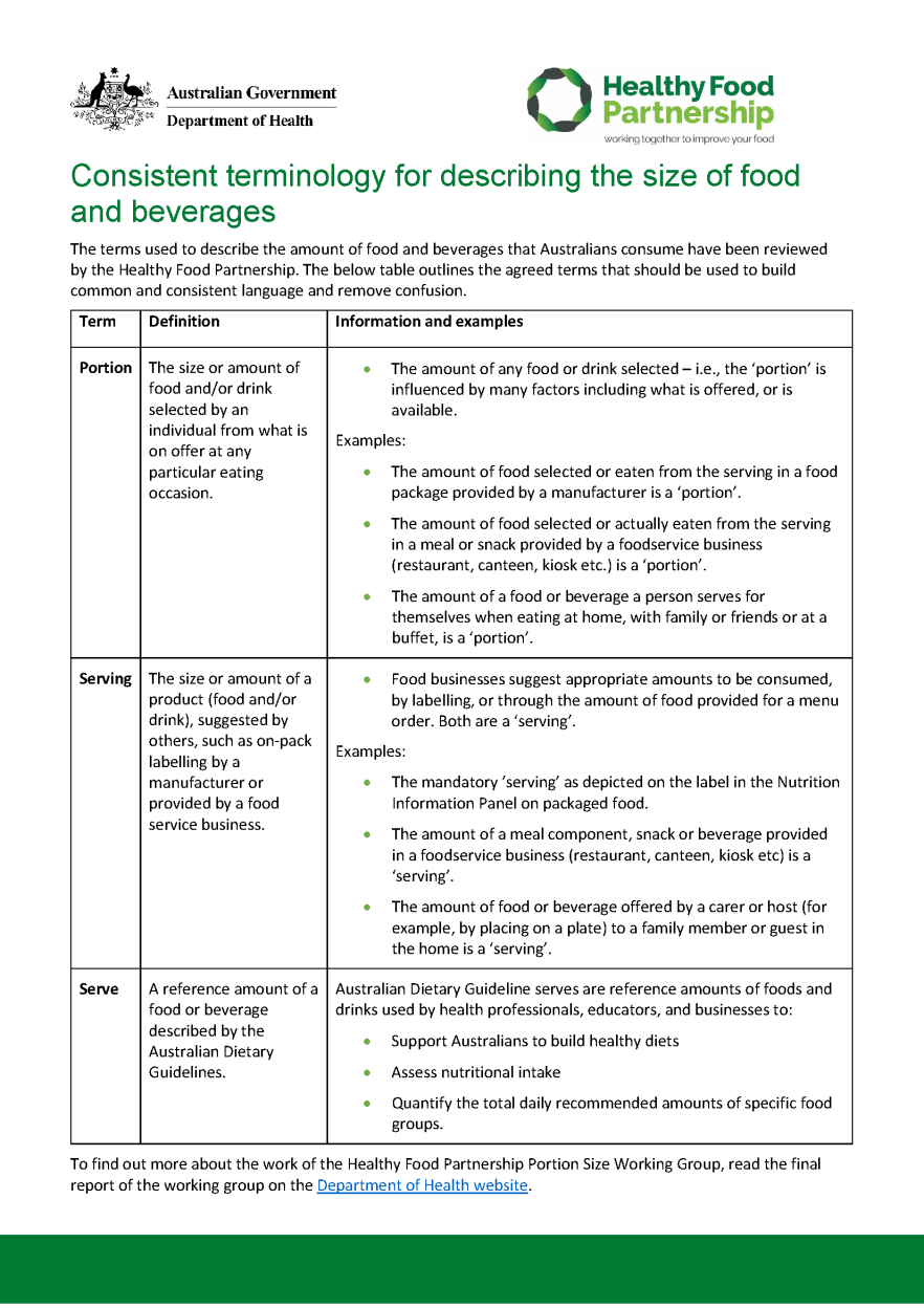 Consistent terminology for describing the size of food and beverages fact sheet