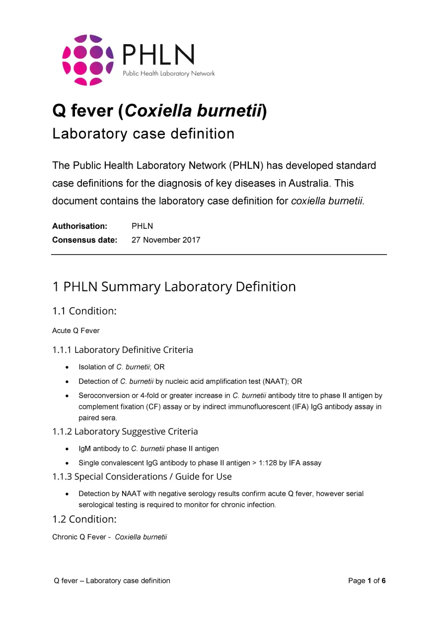 Q fever – Laboratory case definition
