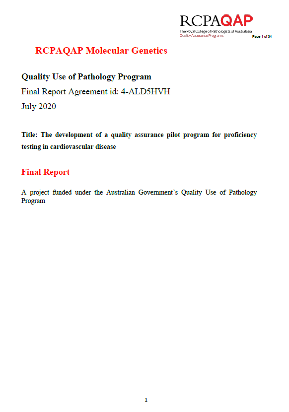 Cover image for Quality Use of Pathology Program (QUPP) – Final report for the development and pilot of a quality assurance program for proficiency testing in cardiovascular disease project