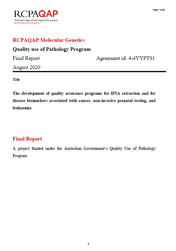 Cover image for Quality Use of Pathology Program (QUPP) – Final report for the development of quality assurance programs for DNA extraction project
