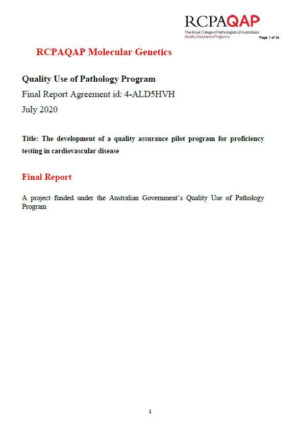 Cover image for Quality Use of Pathology Program (QUPP) – Final report for the development and pilot of a quality assurance program for proficiency testing in cardiovascular disease project