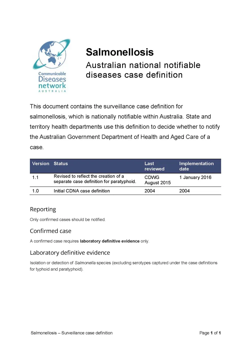 Salmonellosis – Surveillance case definition