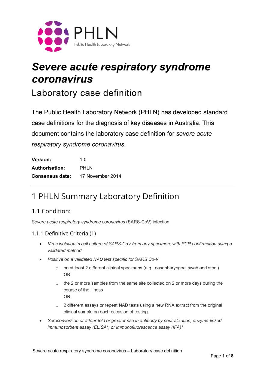 Severe acute respiratory syndrome coronavirus – Laboratory case definition