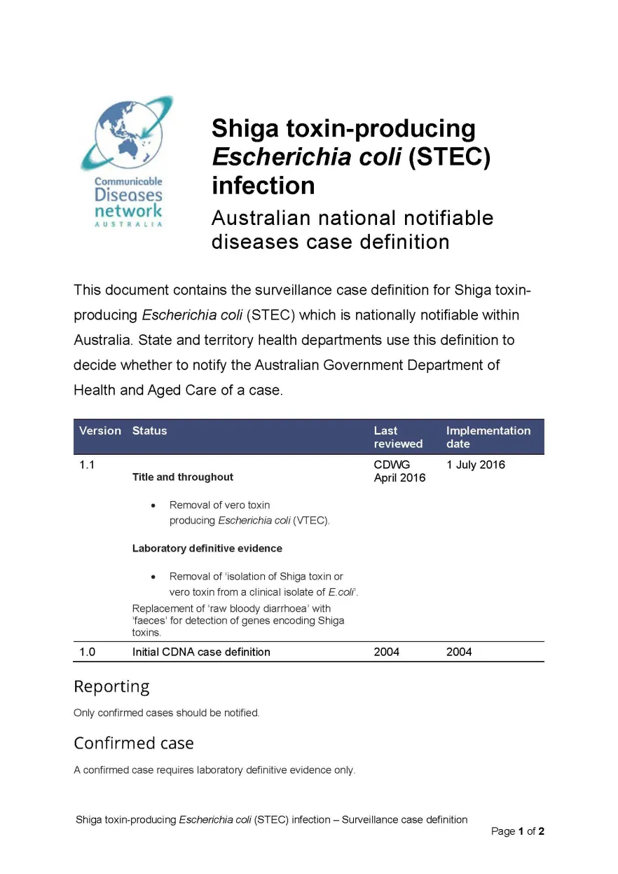 Shiga toxin producing Escherichia coli (STEC) infection – Surveillance case definition