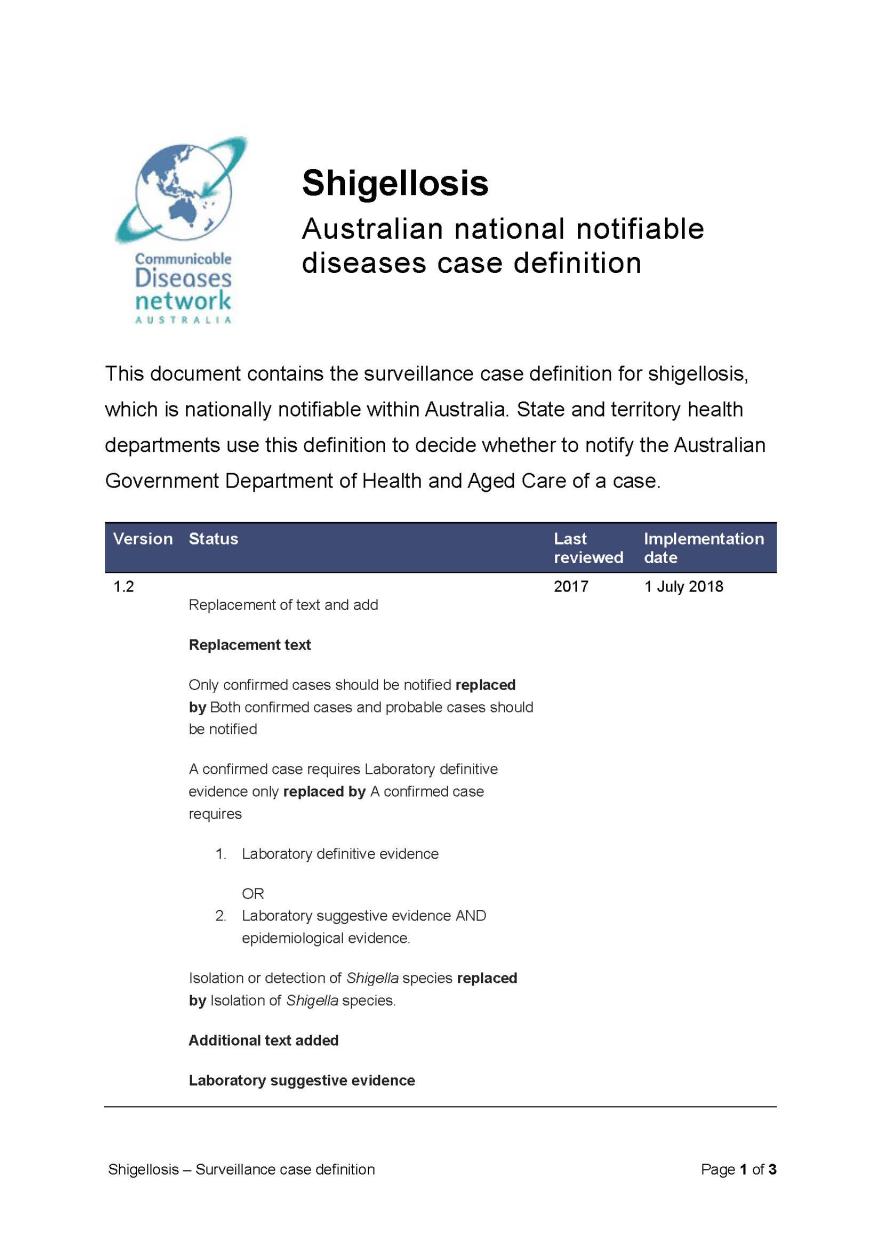 Shigellosis – Surveillance case definition