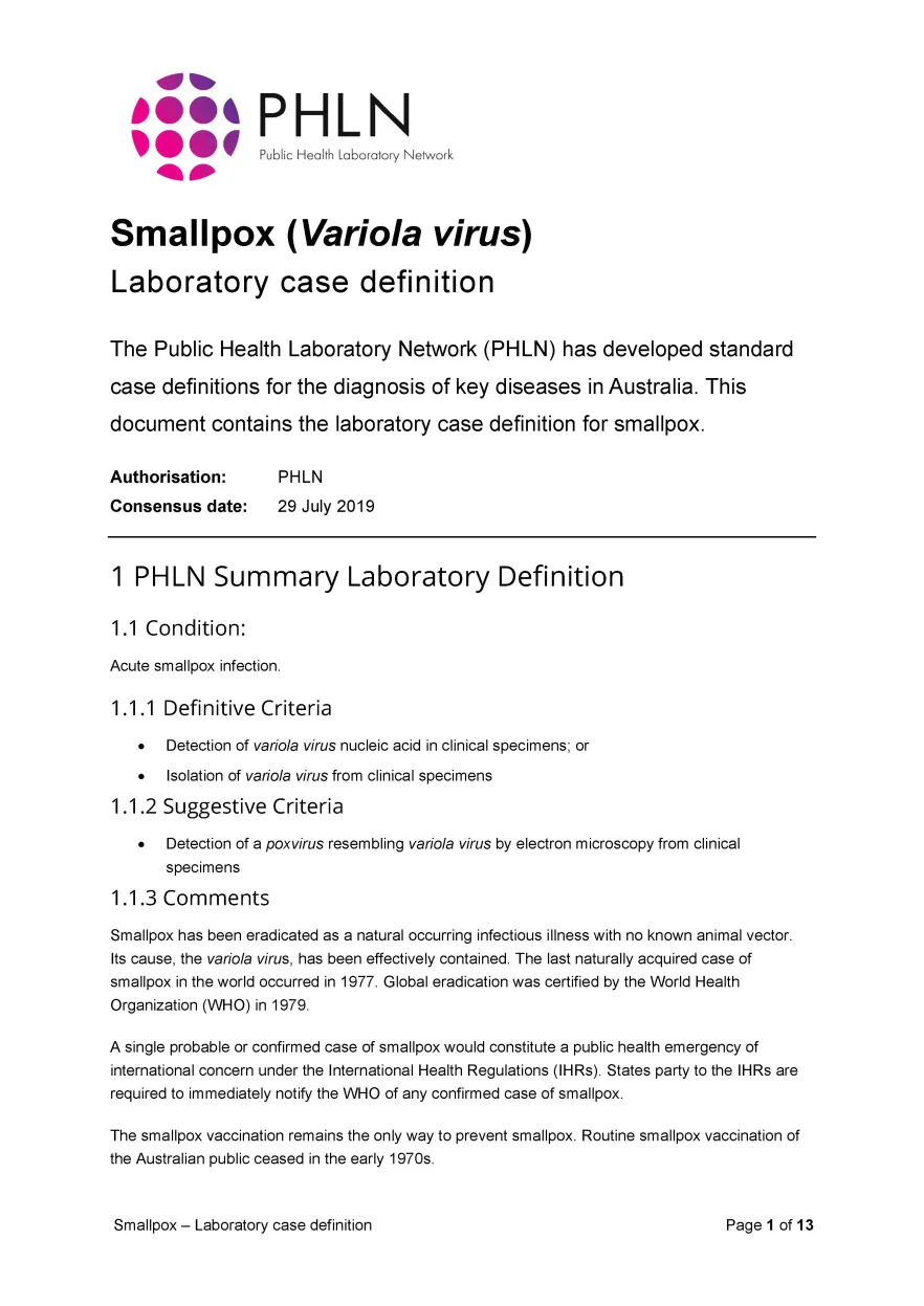 Smallpox – Laboratory case definition