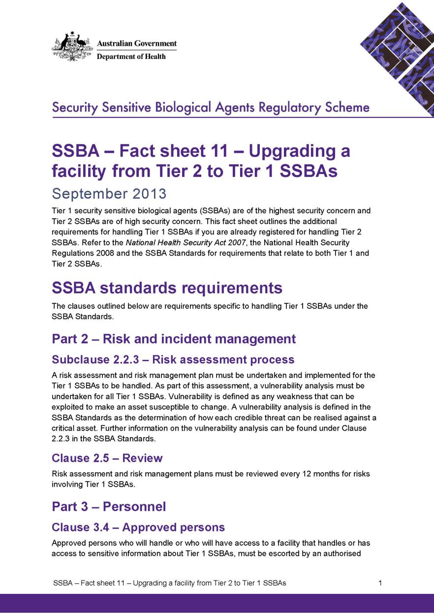 SSBA – Fact sheet 11 – Upgrading a facility from Tier 2 to Tier 1 SSBAs