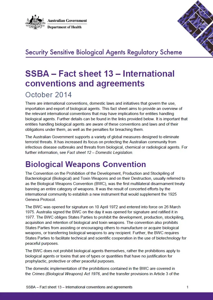 SSBA – Fact sheet 13 – International conventions and agreements