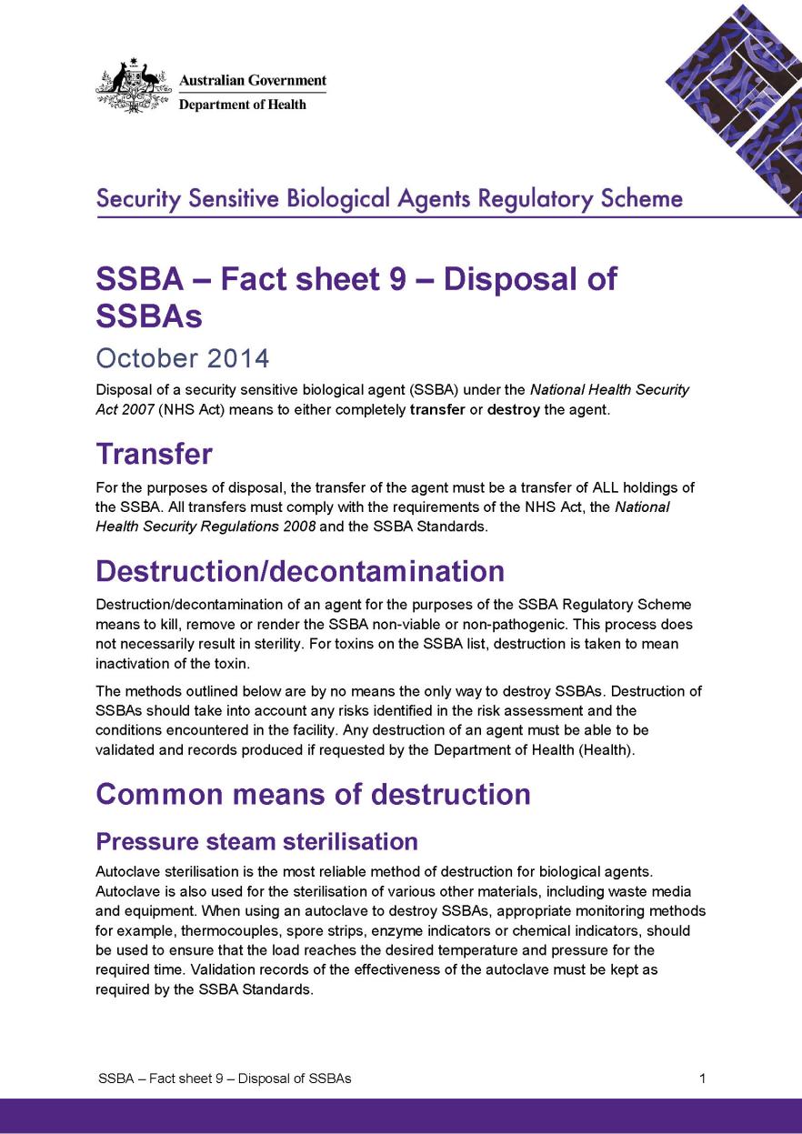 SSBA – Fact sheet 9 – Disposal of SSBAs